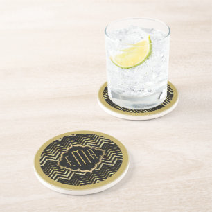 Monogramed Gold Glitter & Zigzag Chevron Pattern Coaster