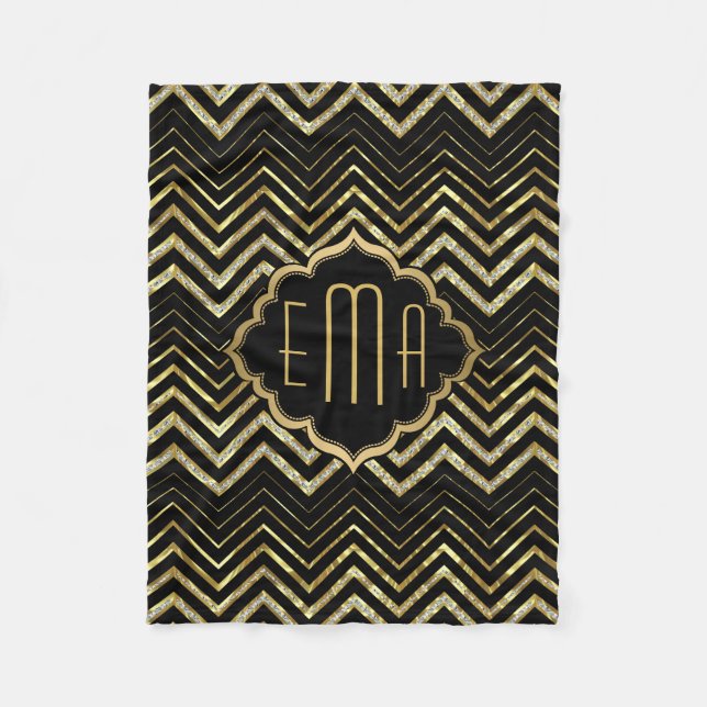 Monogramed Gold Glitter & Zigzag Chevron Pattern Fleece Blanket (Front)