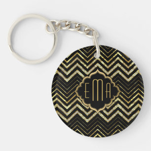 Monogramed Gold Glitter & Zigzag Chevron Pattern Key Ring