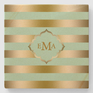 Monogramed Gold & Green Stripes Geometric Pattern Stone Coaster