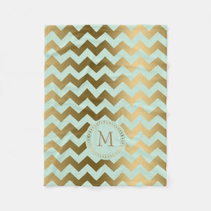 Monogramed Gold & Mint-Green Zigzag Chevron Fleece Blanket