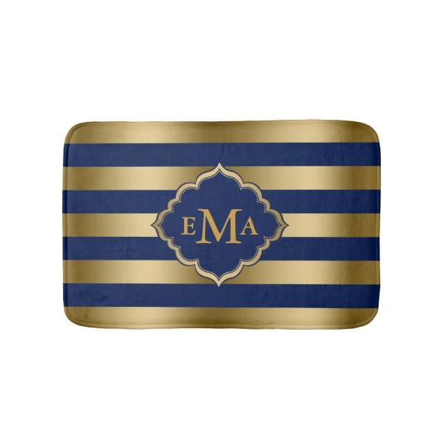 Monogramed Gold Stripes Geometric Pattern Bath Mat (Front)