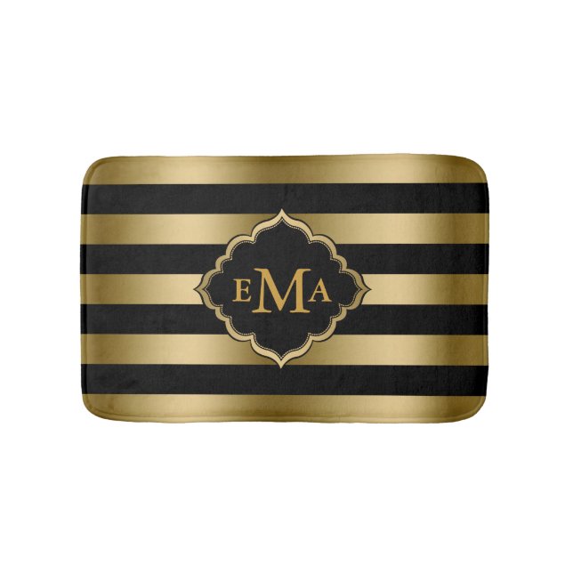Monogramed Gold Stripes Geometric Pattern Bath Mat (Front)