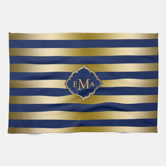 Monogramed Gold Stripes Geometric Pattern Tea Towel (Horizontal)