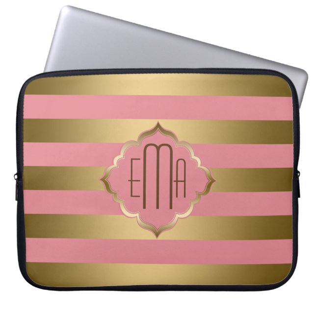 Monogramed Gold Stripes & Pink Geometric Pattern Laptop Sleeve (Front)