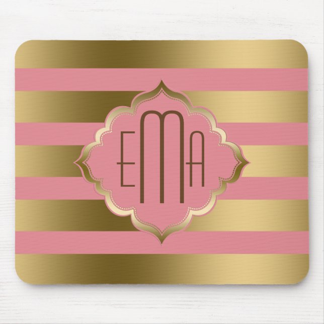 Monogramed Gold Stripes & Pink Geometric Pattern Mouse Mat (Front)