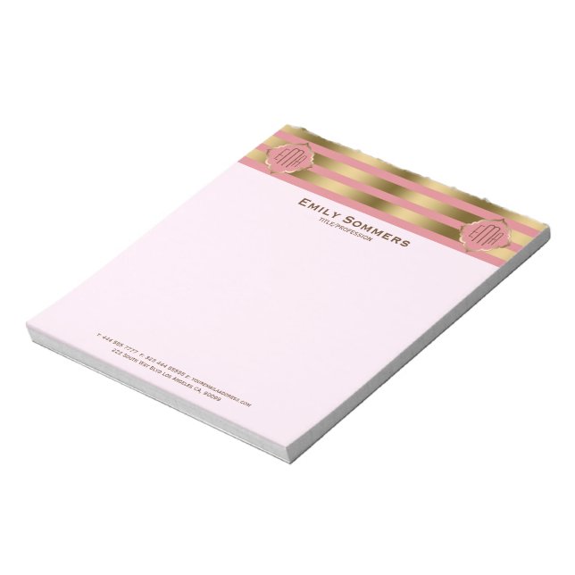 Monogramed Gold Stripes & Pink Geometric Pattern Notepad (Rotated)