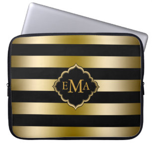 Monogramed Gold Tones & Black Stripes Pattern Laptop Sleeve