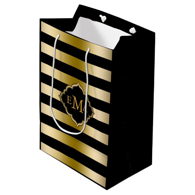 Monogramed Gold Tones & Black Stripes Pattern Medium Gift Bag (Front Angled)