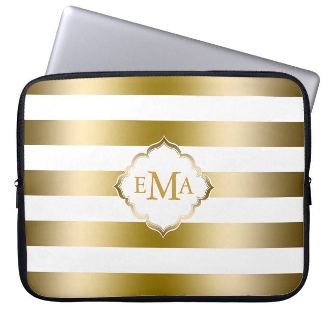 Monogramed Gold Tones & White Stripes Pattern Laptop Sleeve (Front)