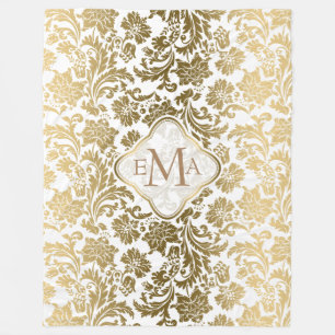 Monogramed Gold & White Floral Damask Fleece Blanket