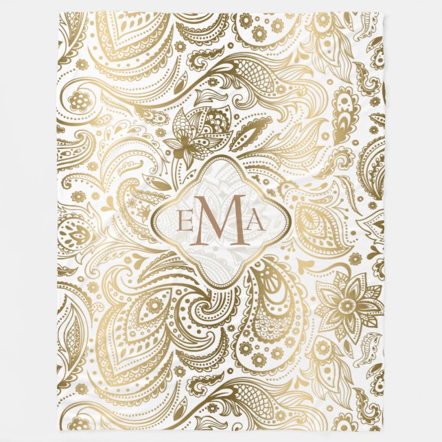 Monogramed Gold & White Floral Paisley Lace Fleece Blanket (Front)