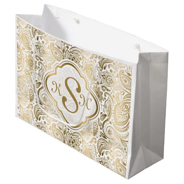 Monogramed Gold & White Vintage Paisley Pattern Large Gift Bag (Front Angled)