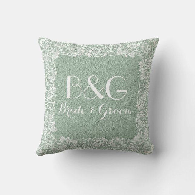 Monogramed Green Linen And White Lace Frame Cushion (Back)
