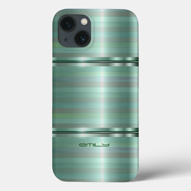 Monogramed Green Metallic Stripes Pattern iPhone C Case-Mate iPhone Case (Back)