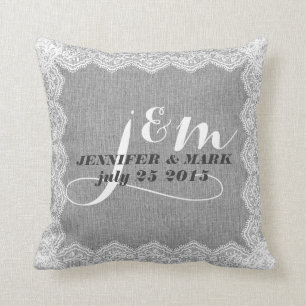 Monogramed Grey Linen & White Lace Wedding Pillow