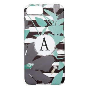 Monogramed Grey Mint Floral Stripe iPhone 8/7 Case