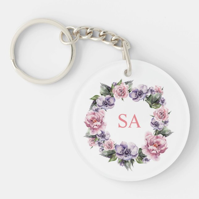 Monogramed Hand-Painted Garlands of Flowers Key Ring (Front)