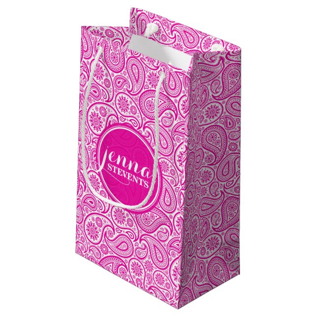 Monogramed Hot Pink & White Vintage Paisley Small Gift Bag (Back Angled)