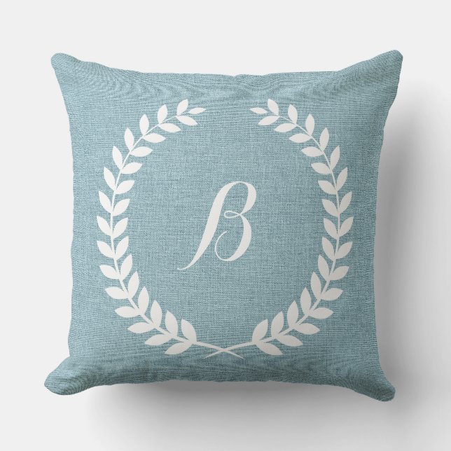 Monogramed Light Blue Linen And White Wreath Cushion (Front)