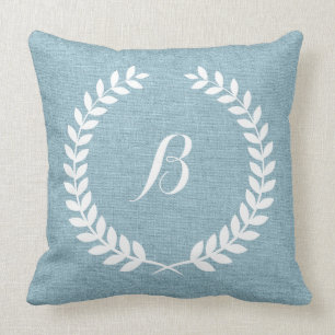 Monogramed Light Blue Linen And White Wreath Cushion