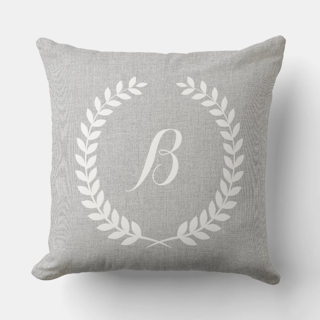 Monogramed Light Grey Linen & White Floral Wreath Cushion (Front)