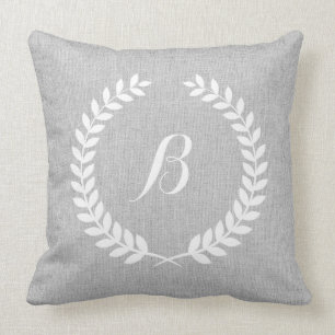 Monogramed Light Grey Linen & White Floral Wreath Cushion