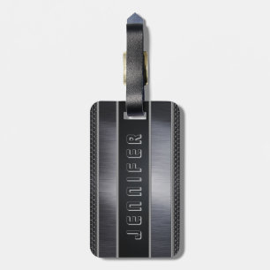 Monogramed Masculine Metallic Silver Grey & Black Luggage Tag