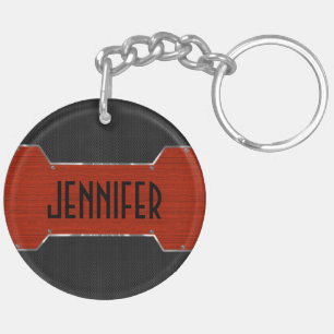 Monogramed Metal And Red Wood Combination Key Ring