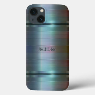 Monogramed Metallic Blue-Grey Stripes Pattern iPhone 13 Case
