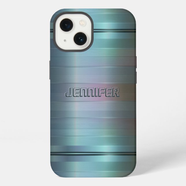 Monogramed Metallic Blue-Grey Stripes Pattern iPhone Case (Back)