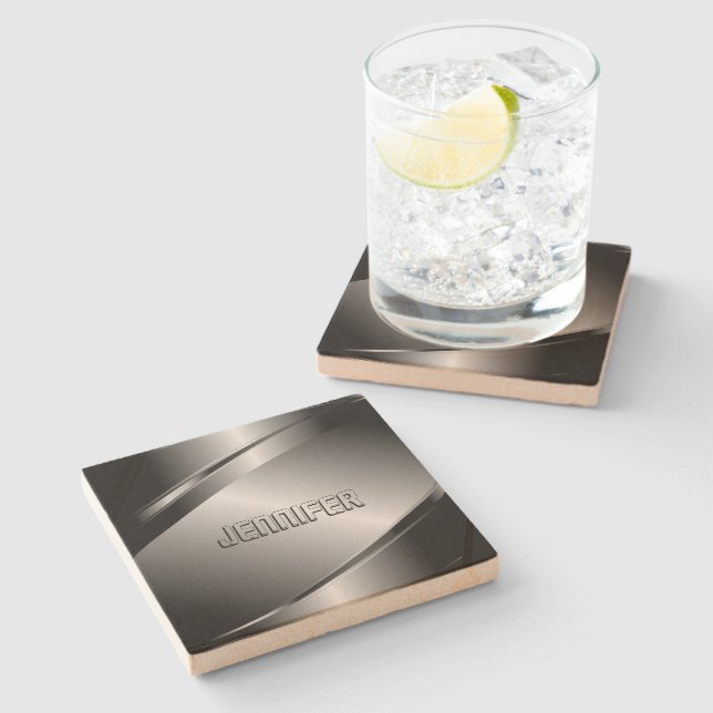 Monogramed Metallic Grey Stainless Steel Look Stone Coaster (Side)