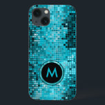 Monogramed Metallic Turquoise Sequence Glitter iPhone 13 Case<br><div class="desc">Monogramed version of popular metallic sequence look turquoise tones disco mirrors pattern. Retro 70's disco ball mirrors with the bling and sparkles. Look for this design in many tones. Purple blue green pink and can be requested in your favourite colour. It is a image pattern and not actual sequence.</div>