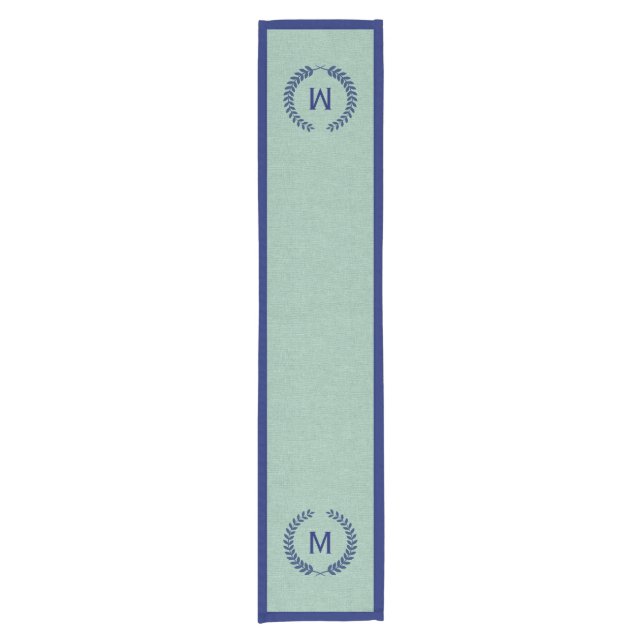 Monogramed Mint-Green Faux Linen & Blue Wreath Short Table Runner (Front)