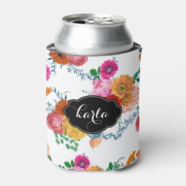 Monogramed Modern Colourful Spring Flowers Can Cooler (Can Front)