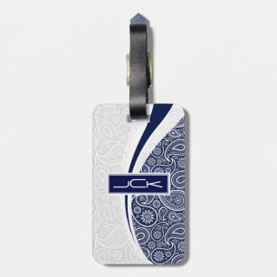 Monogramed Navy Blue And White Vintage Paisley Luggage Tag