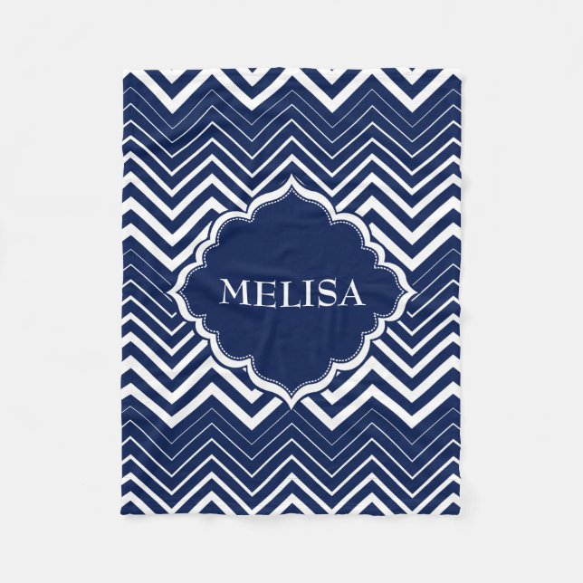 Monogramed Navy Blue And White Zigzag Chevron Fleece Blanket (Front)