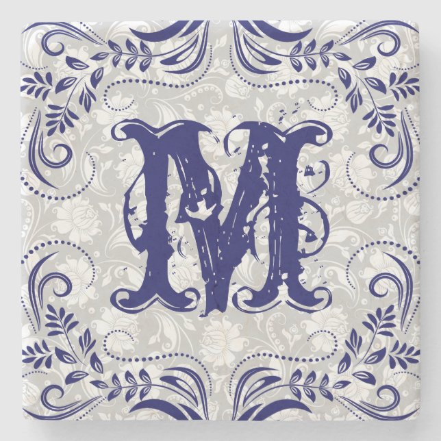 Monogramed Navy Blue Floral Swirls Frame Stone Coaster (Front)