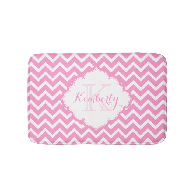 Monogramed Pink And White Zigzag Chevron Bath Mat (Front)