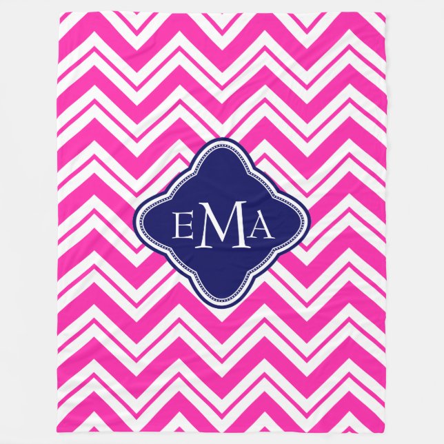 Monogramed Pink Blue And White Zigzag Chevron 2 Fleece Blanket (Front)