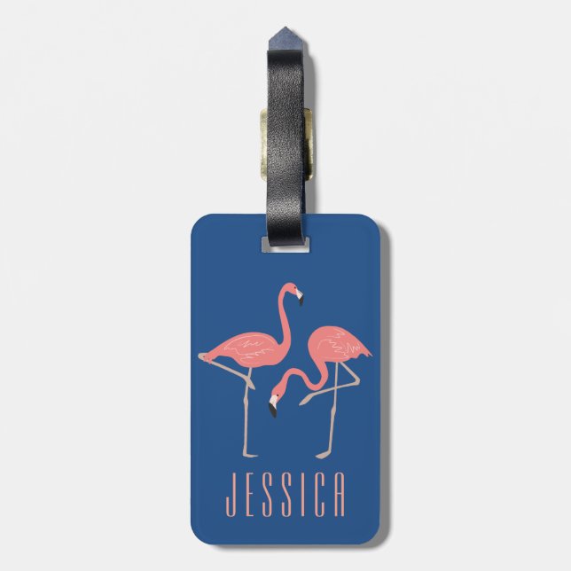 Monogramed Pink Flamingo Illustration Luggage Tag (Back Vertical)