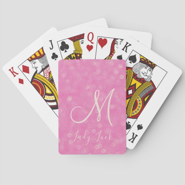 Monogramed Pink Glitter Bokeh Lady Luck Playing Cards (Back)