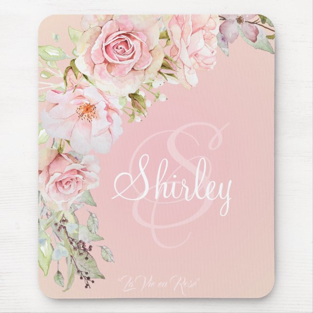 Monogramed Pink Roses “La Vie en Rose” Mouse Mat (Front)