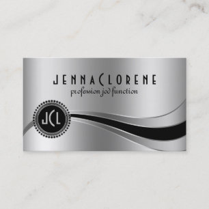 Monogramed Plain Metallic Silver & Black Business Card