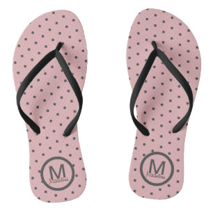 Monogramed Polka Dots Pink Grey Flip Flops