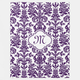 Monogramed Purple Floral Damasks White Background Fleece Blanket