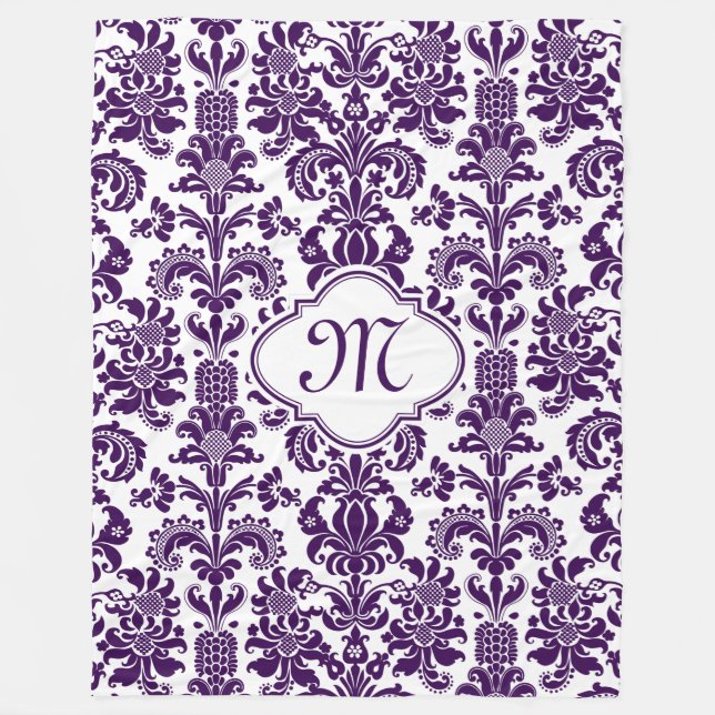 Monogramed Purple Floral Damasks White Background Fleece Blanket (Front)