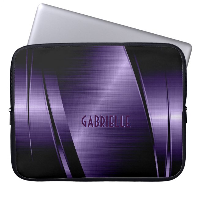 Monogramed Purple Metallic Brushed Aluminium Look Laptop Sleeve (Front)