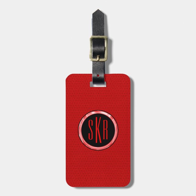 Monogramed Red Faux Leather Look Luggage Tag (Front Vertical)