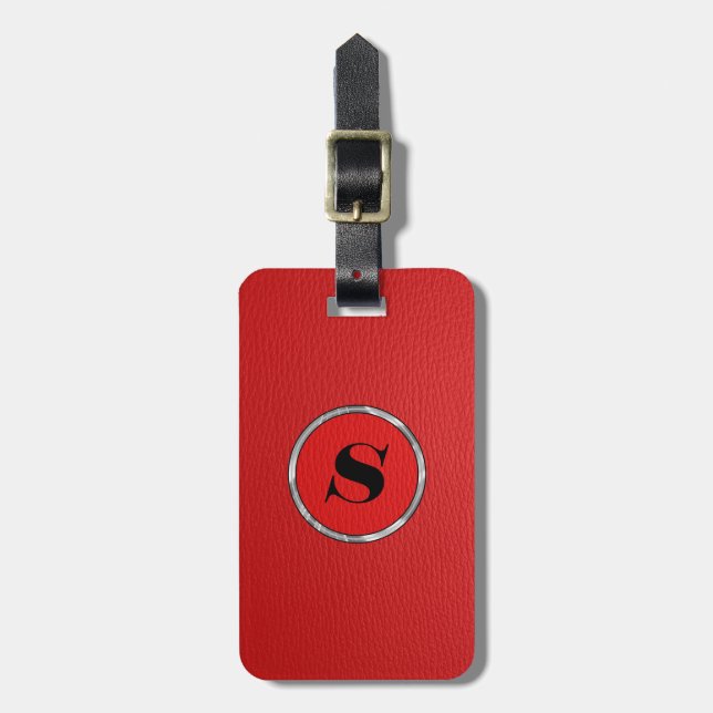 Monogramed Red Leather Look Luggage Tag (Front Vertical)
